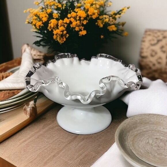 Fenton Silver Crest Compote Pedestal Dish Milk Glass Ruffled Edge Mid Century. - Picture 14 of 16